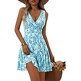 FENSACE Women's Summer Sleeveless Sexy Wrap V Neck Floral Sundress Mini Dress