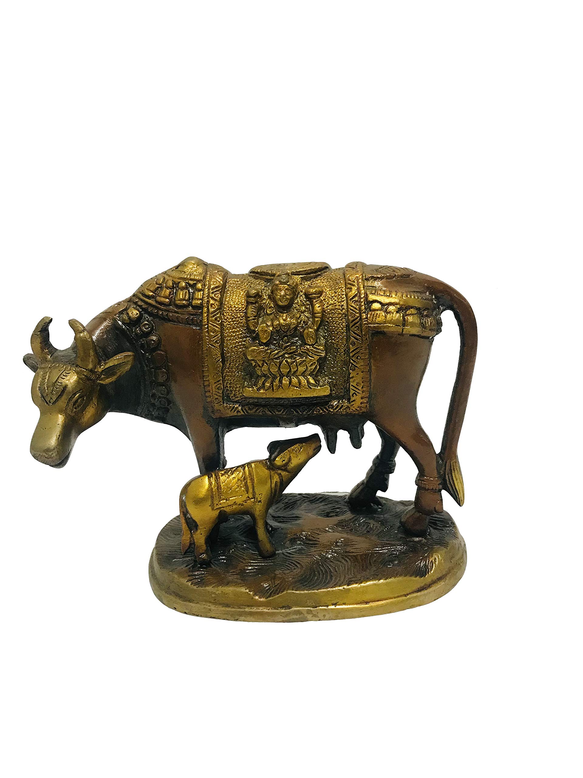 Gavya International Antique Brass Kamdhenu Cow with Calf showpiece Laxmi Ganesh Idol Pooja Gau MATA Figurine Sculpture Good Luck Prosperity Housewarming 6.1 inch