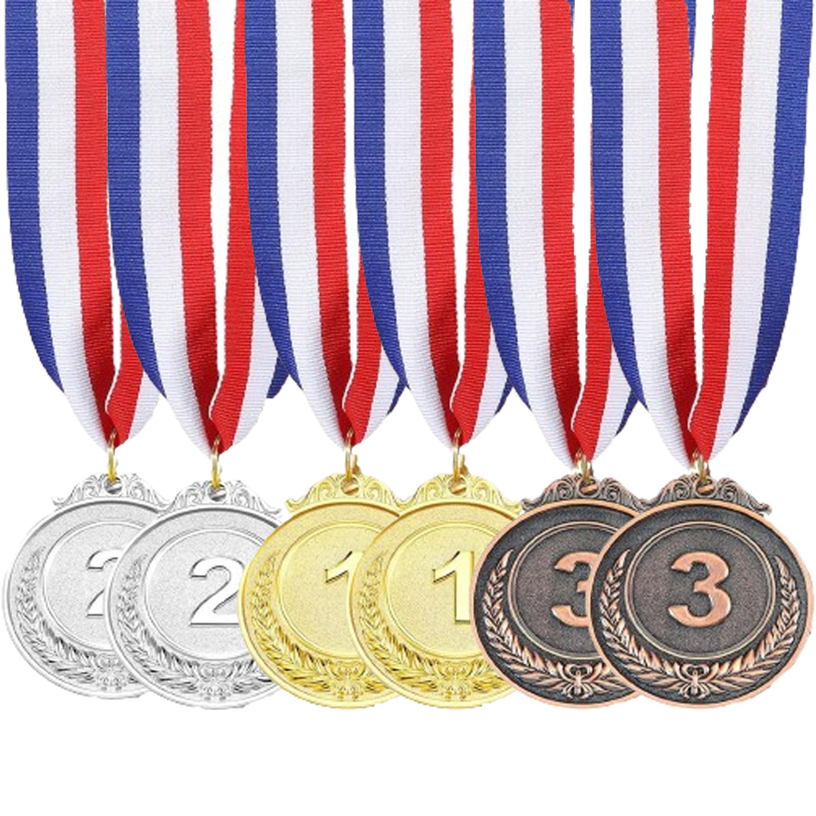 LMOGWL 6 pieces Digital metal medal pendant with satin ribbon round edge, used for sports event prizes, office games, sports competitions, adult and children's prizes gold, silver, bronze medals
