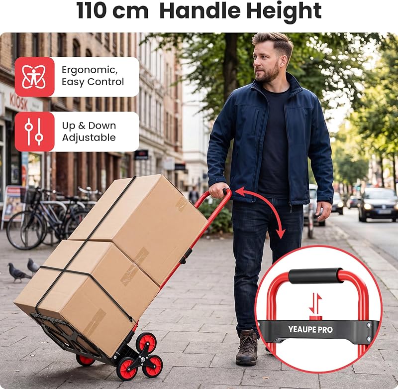 Faltbare Treppensackkarre Höhenverstellbar 50 kg Rot