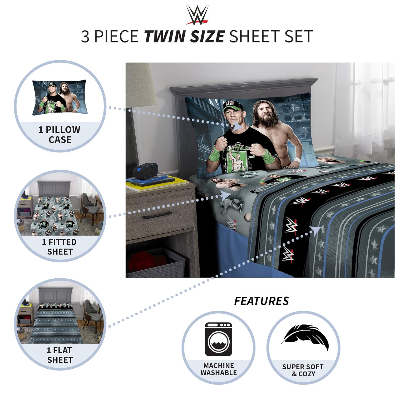 Wwe Twin Bedding Set For Boys Sheet Pillow Cases Comforter Comfy