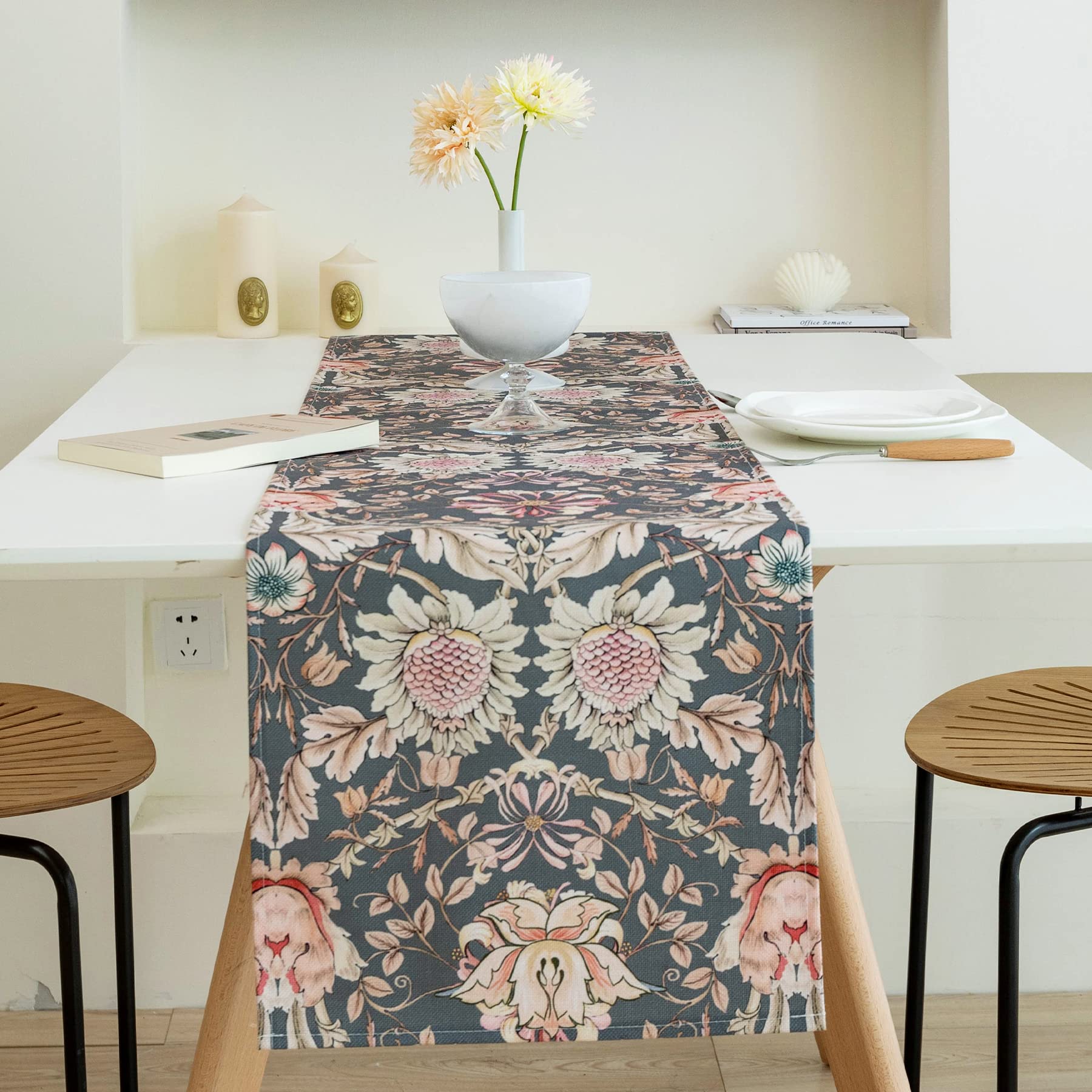 Obal William Morris Table Runner, Teal floral table runner Heat resistant washable Non-slip Table Cloth for Dining Table Coffee Table Kitchen Party Wedding Decor 90x14 Inches (229x35cm), Honeysuckle