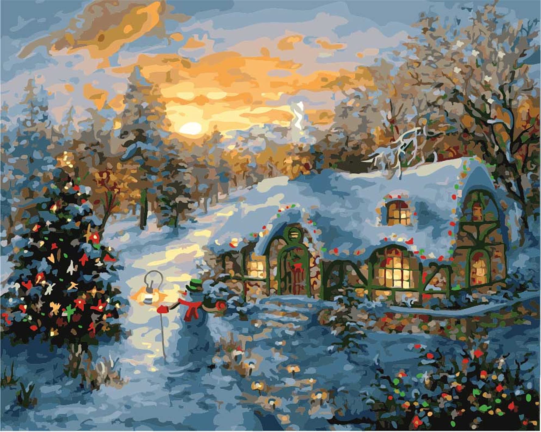 CaptainCrafts Paint by Numbers for Adults DIY Oil Painting Paint by Numbers with Canvas Acrylic Art Crafts House Decor 16x20 Inch (with Frame, Forest House Christmas Morning)