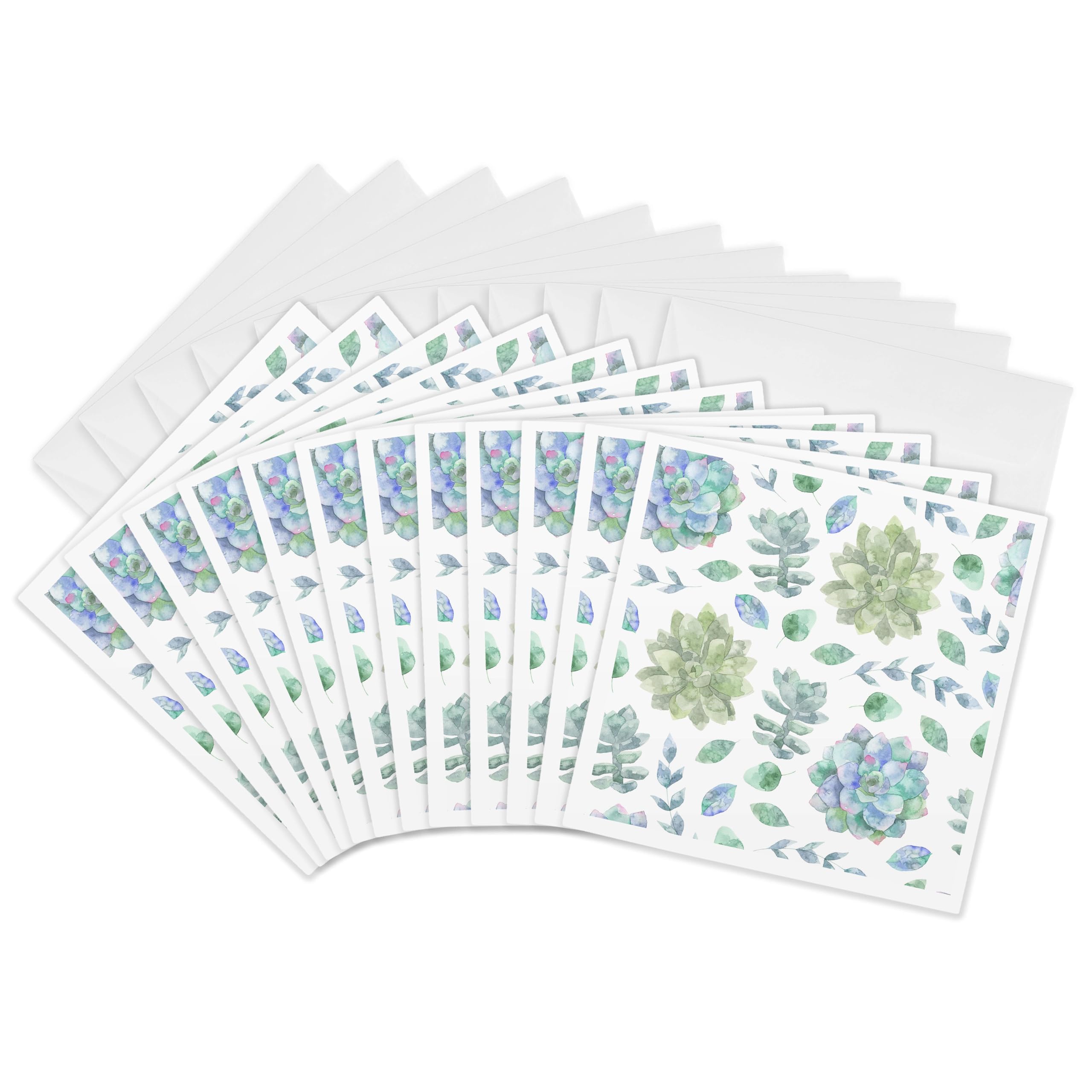 3dRose gc_254909_2 6 x 6-Inch "Pretty Blue and Green Watercolor Succulent Flower Pattern" Greeting Card (Set of 12)