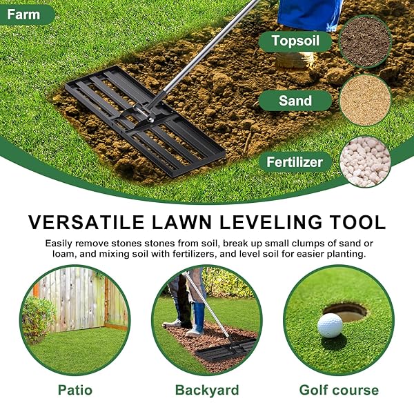30X10 INCH LAWN LEVELING RAKE, YUMATUM 72″ EFFORT SAVING LAWN LEVELER TOOL, STAINLESS STEEL HANDLE LAWN LEVELER FOR GOLF COURSE YARD PASTURE GARDEN, PROFESSIONAL LAWN CARE LANDSCAPE RAKE