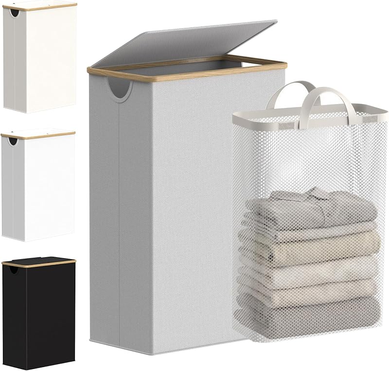 efluky 63L Slim Laundry Basket with Lid Collapsible with Removable Inner Bag
