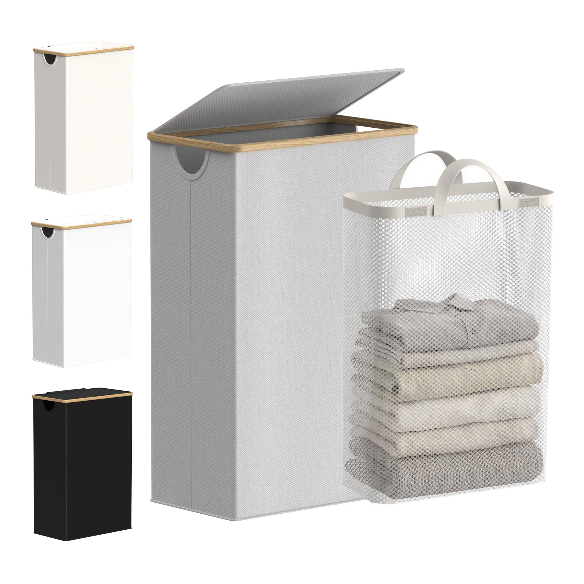 efluky 75L Slim Laundry Baskets with Lid, Collapsible Laundry Hamper with Removable Bag, Small Slimline Washing Basket for Dirty Clothes, Cloth Storage Basket Light Grey