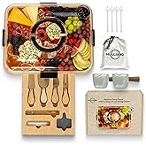 HULLIARD Charcuterie Board Set with Handless Lid – Bamboo Cheese Board with Sliding Drawer, 4 Stainless Steel Cheese Knives, 4 Forks, 2 Glass Bowls, Gift Bag – Perfect for Gift