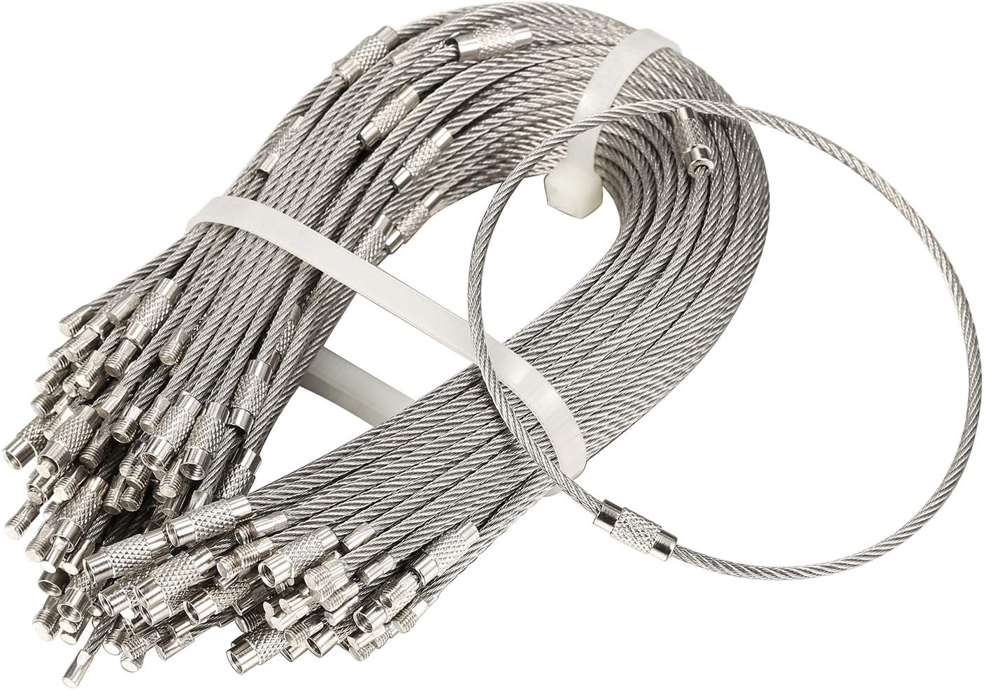 bayite Pack (100) Stainless Steel Wire Keychains Cable, Key Rings, Heavy Duty Luggage Tags Loops Tag Keepers 2mm Twist Barrel (Cable Length: 10 inches) : Office Products