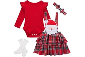 Weixinbuy Newborn Baby Girl Christmas Thanksgiving Outfit 4 Pcs Long Sleeve Romper + Suspender Skirt + Headband + Socks