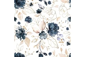 BKSTICK Navy Blue Floral Peel and Stick Wallpaper Self Adhesive Removable Thick Vinyl Watercolor Botanical Flower Gold Line A