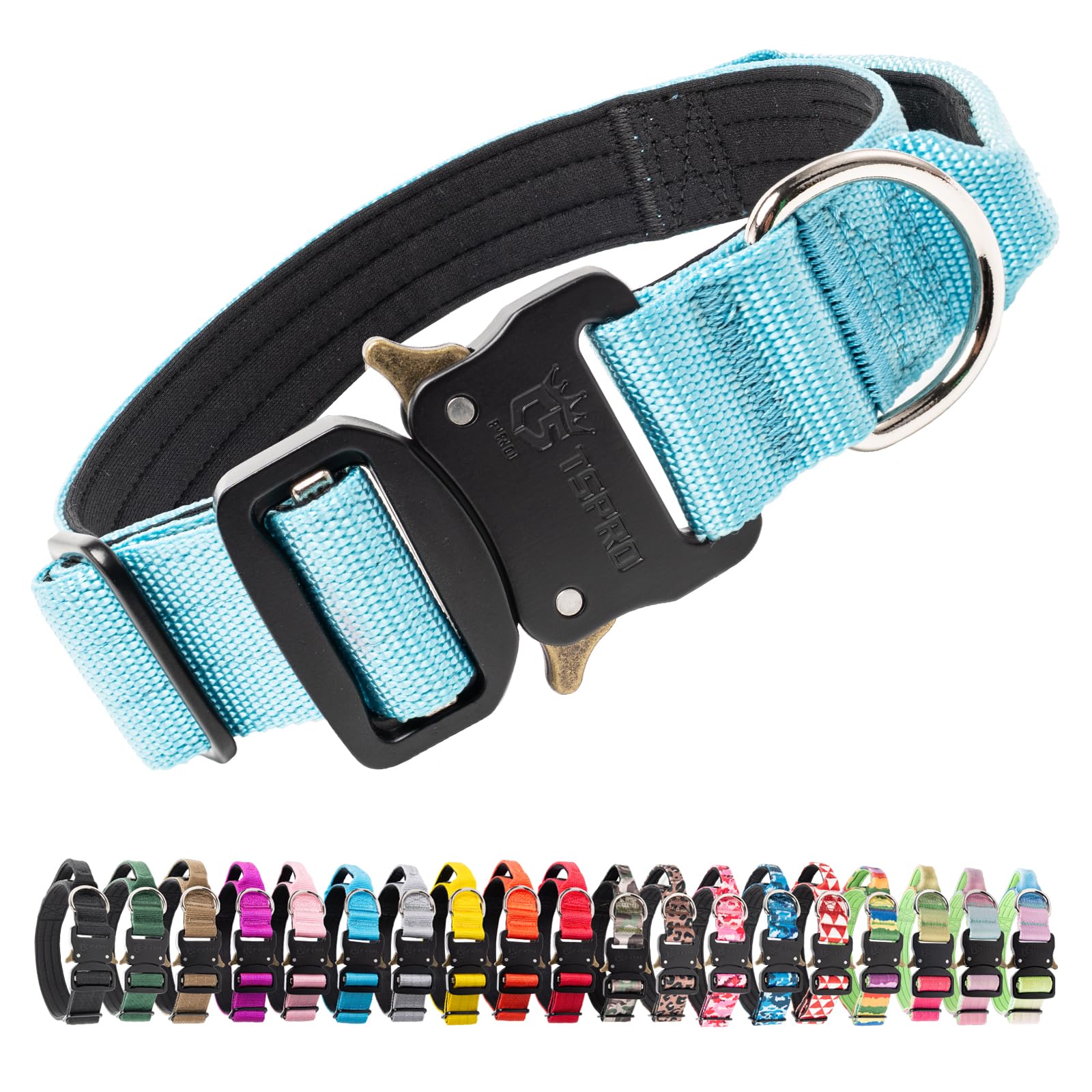 TSPRO Tactical Premium Dog Collar with Handle & Heavy Duty Quick Release Metal Buckle, Adjustable Thick Strong Collar for Medium Large Dogs (Blue, M)