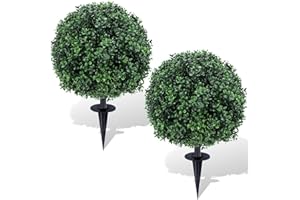 ENVEN Artificial Boxwood Topiary Ball Trees with Ground Spikes UV Resistant Faux Greenery Shrubs Fake Shrubs for Outdoors, Realistic Faux Plants Bushes for Garden Porch Yard Patio Decor (Green Boxwood)