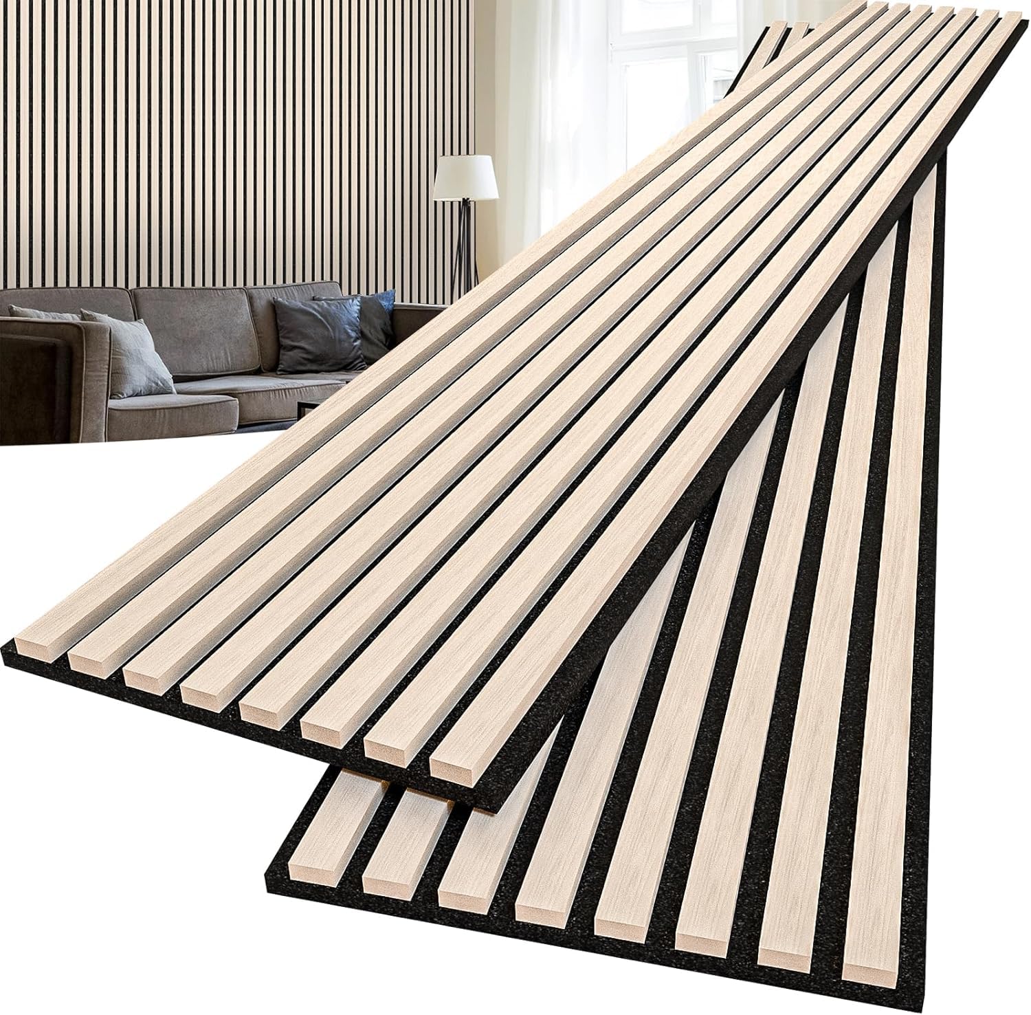 Photo 1 of MSXTE 2-Pcs 94.5"x11.02" Wood Panels for Interior Wall Decoration,Wooden Slat Panels for Noise Reduction,Sound Panels with Solid Wood Veneer,Long Square Acoustic Panels for Home,Office,White Oak