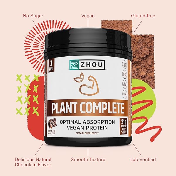 ZHOU PLANT COMPLETE VEGAN PROTEIN POWDER – PLANT BASED PROTEIN POWDER FOR WOMEN & MEN, NON DAIRY RICE & PEA BLEND FOR SMOOTHIES & SHAKES, 21G PROTEIN PER SERVING – CHOCOLATE, 17.7OZ (16 SERVINGS)