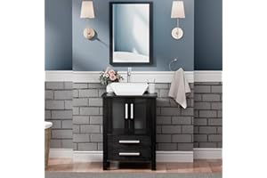 UEV 24" Black Bathroom Vanity with Ceramic Vessel Sink, Faucet and high-Definition Mirror Combo, Pop Up Drain and 30% Water-Saving Design, Soft Closing Drawers/Doors (A07)