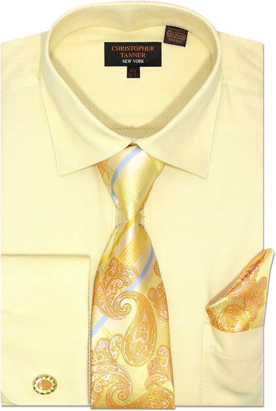 Christopher Tanner Men's Regular Fit Dress Shirts with Tie & Hankerchief Cufflinks Combo Twill Pattern 18.5" Neck 34/35" Sleeve Banana