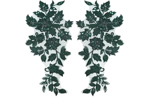 HHQ 2PCS Flower Embroidery Lace Trim Sequin Bead Floral Embroidered Sew on Applique Patches for Bridal Wedding Dress Gown Bodice Costume Craft DIY (LS01-GR)