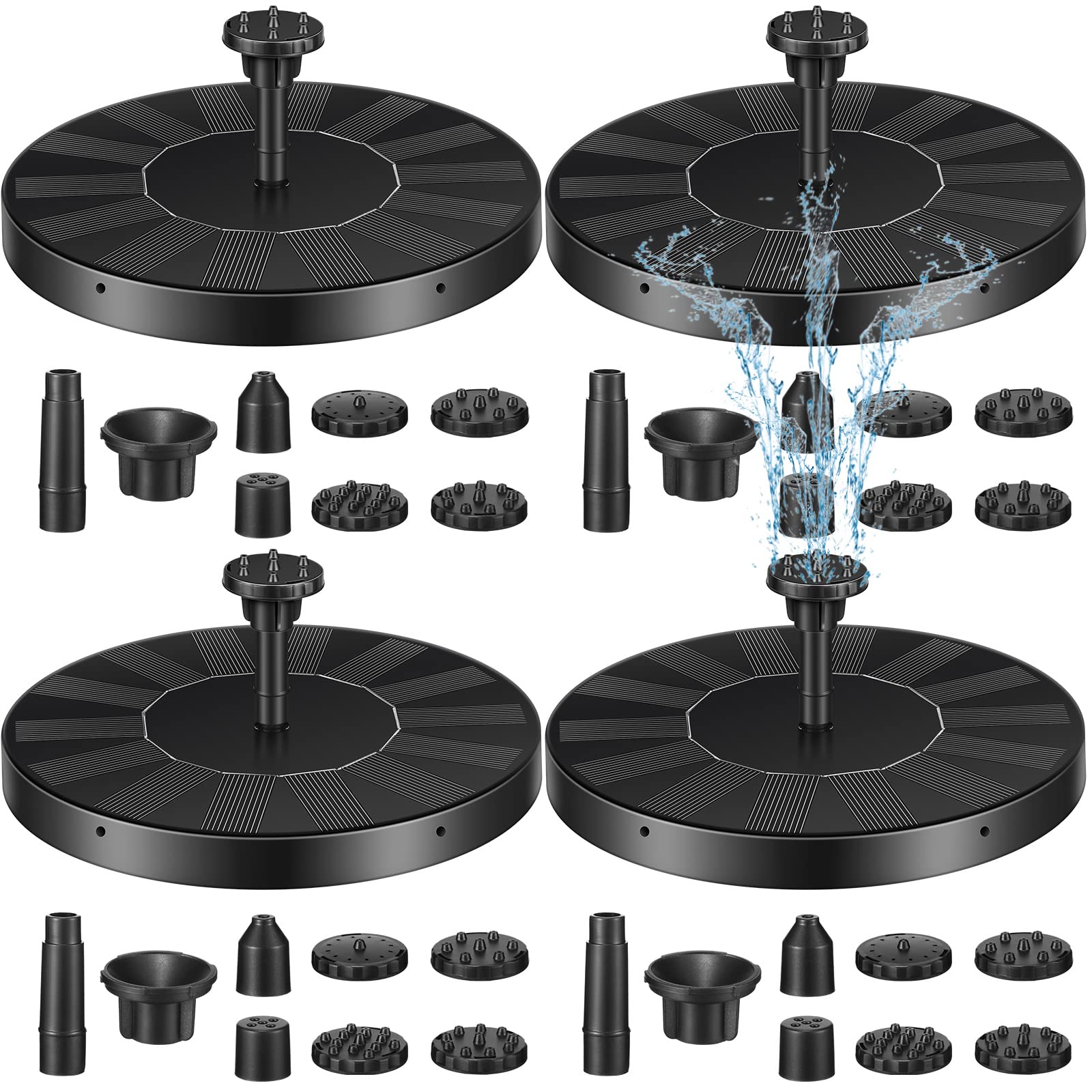 Photo 1 of Kittmip 4 Pack Solar Bird Bath Fountain Pump with 6 Nozzle Water Floating Solar Fountain Panel Powered Bird Bath for Pond Garden Fish Tank Pool (6.3 Inch)