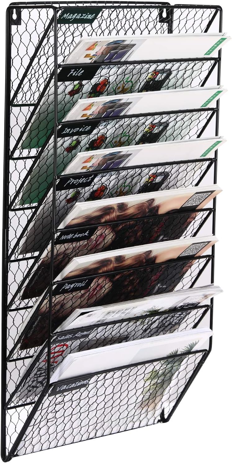 PAG 8 Pockets Wall File Holder Wall Mounted Mail Organizer Metal Chicken Wire Hanging Maganize Rack, Black : Office Products