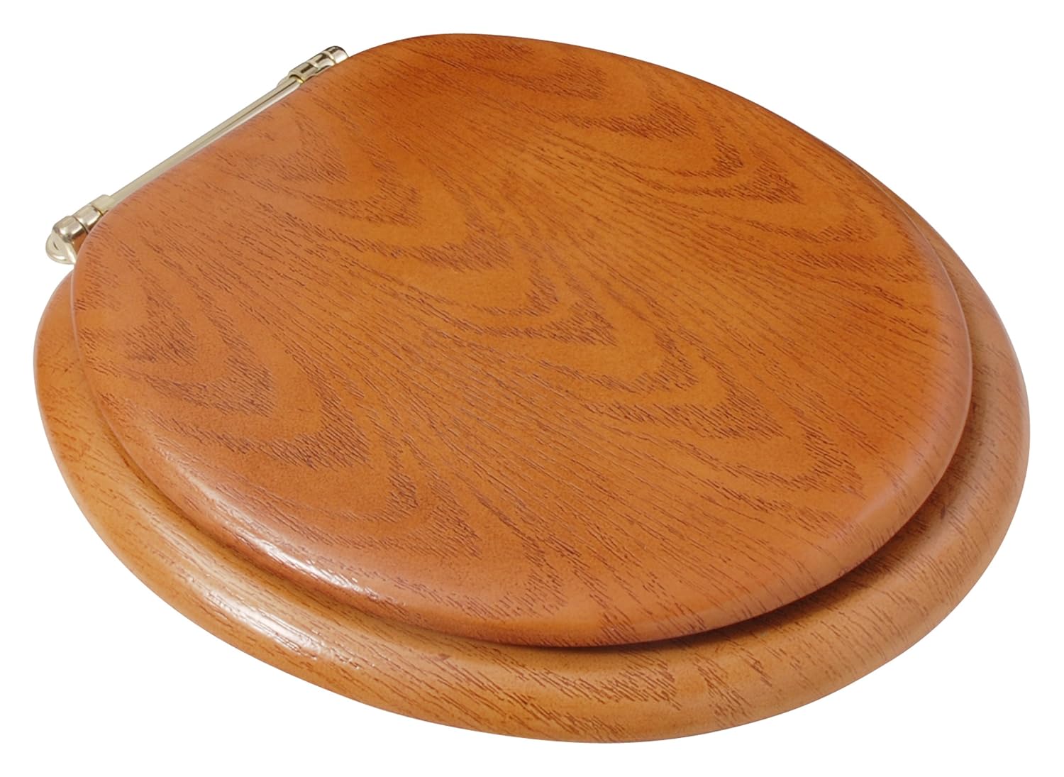 LDR 050 1700 Round Wood Toilet Seat with Polished Brass Finish Hinges, Oak , New