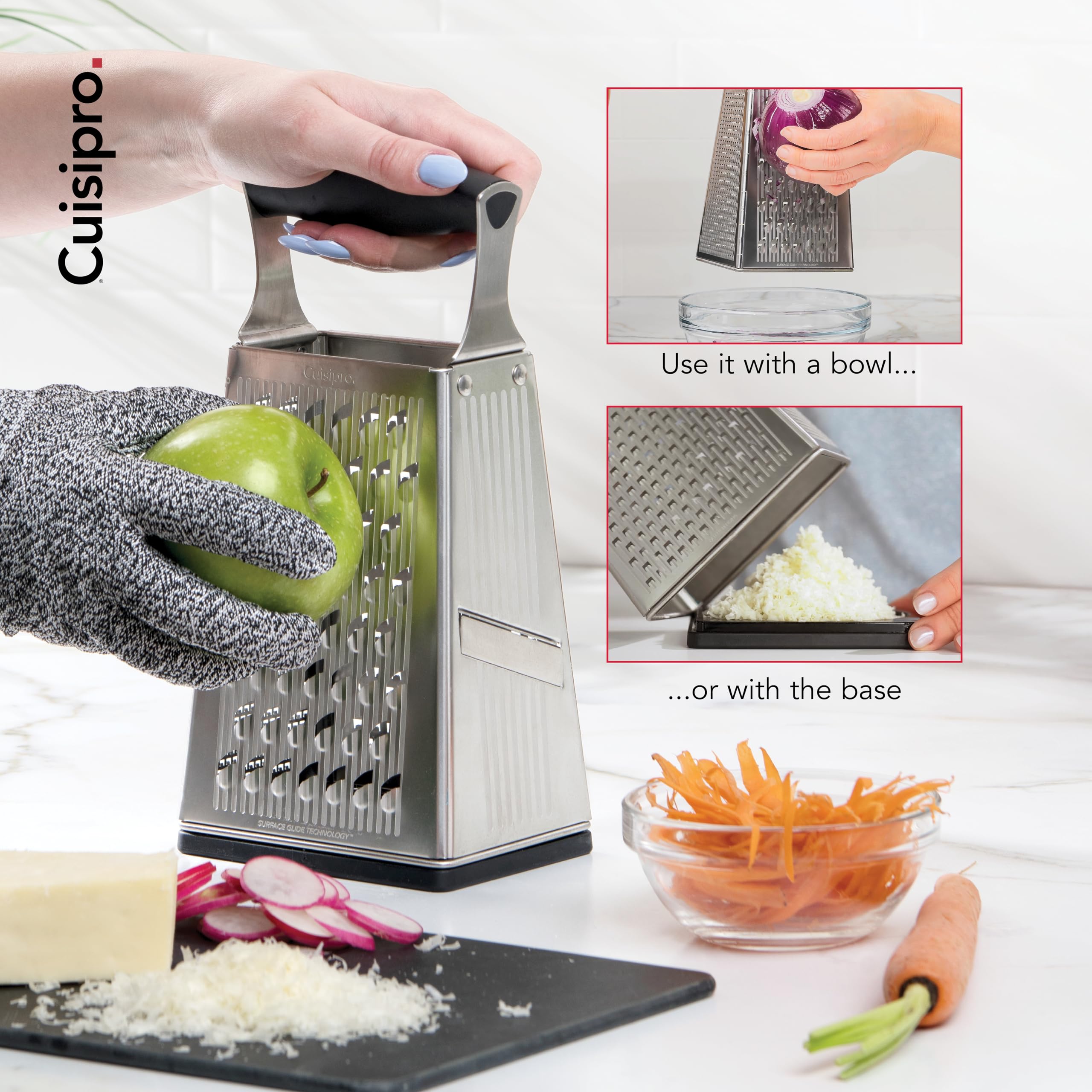 Cuisipro Stainless Steel Cheese Grater with Handle, 4 Sided Box Grater for Kitchen, Ginger Grater Dishwasher Safe, Fruit and Vegetables Slicer, Cheese Shredder for Potato, Chocolate, Parmesan, Ginger