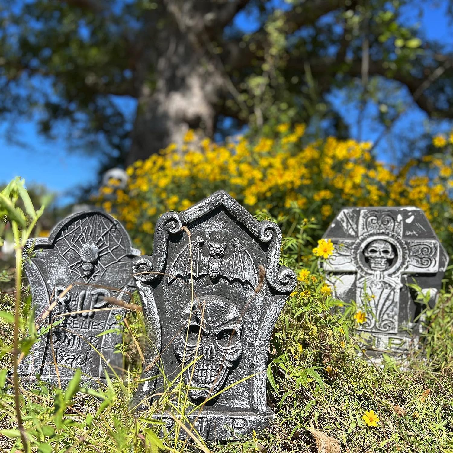 Yard Signs - 3 Pack Halloween Decorations Foam Tombstones Graveyard Headstone with 6 Plastic Stakes for Halloween Yard Decorations, Lightweight RIP Tombstone for Halloween Outdoor Lawn Yard Garden Decor