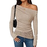 ZESICA Women's Long Sleeve Off Shoulder Tops Fall 2026 Casual Boat Neck Lace Slim Fit Going Out Y2k Shirts Blouses