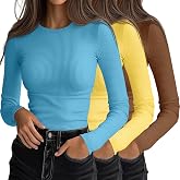 Ficerd 3 Pack Women's Ribbed Long Sleeve Shirts Fitted Tops | Slim Basic Undershirts, Crew Neck Knit T-Shirts, Business Outfits, Workout Stretch Layering Tees, Fall Winter Casual Clothes