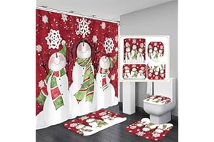 AZHM Christmas Shower Curtain Sets with Non-Slip Rugs Toilet Lid Cover and Bath Mat Snowman Shower Curtains with 12 Hooks 4 Piece Bathroom Decor Set Xmas Gifts for Christmas