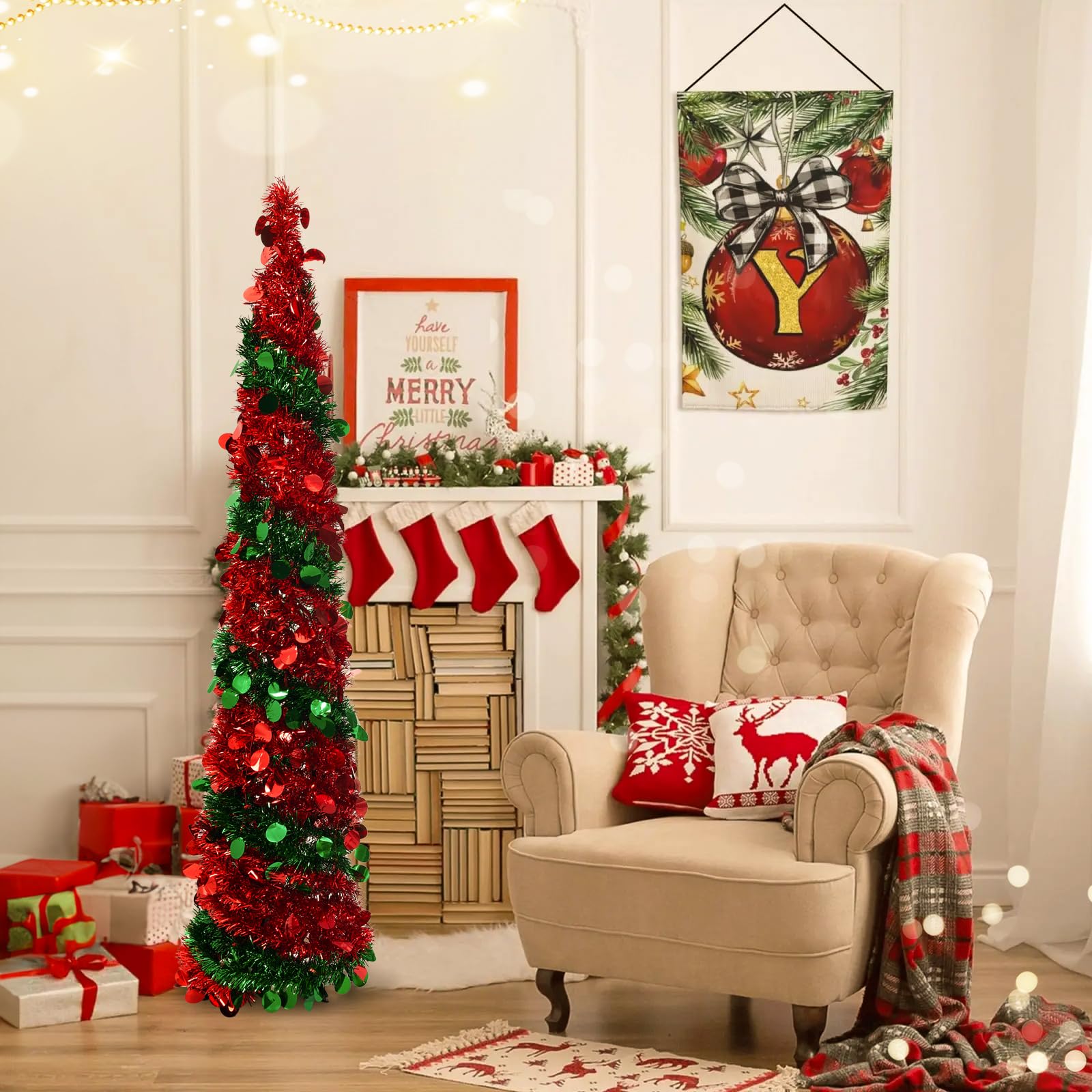 Warmiehomy 5ft/150cm Christmas Tree Decorations Xmas Tree Pop Up Collapsible Christmas Trees with Sequin Glittering Pencil Christmas for Home Office Store Christmas Decor, Red & Green