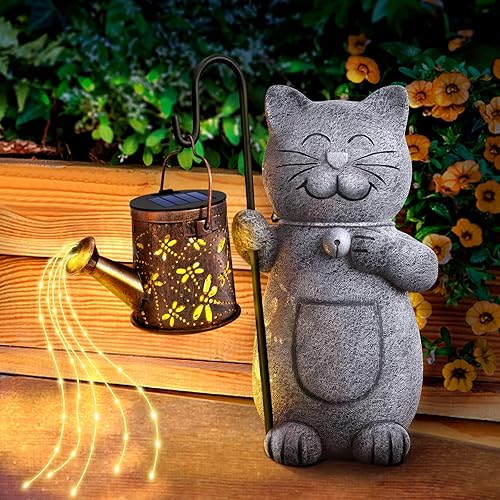 Hinshark Gifts for Women Mum Her, Cat Statue Garden Ornaments Outdoor with Solar Lantern, Birthday Christmas Secret Santa Cat Gardening Gifts for Women