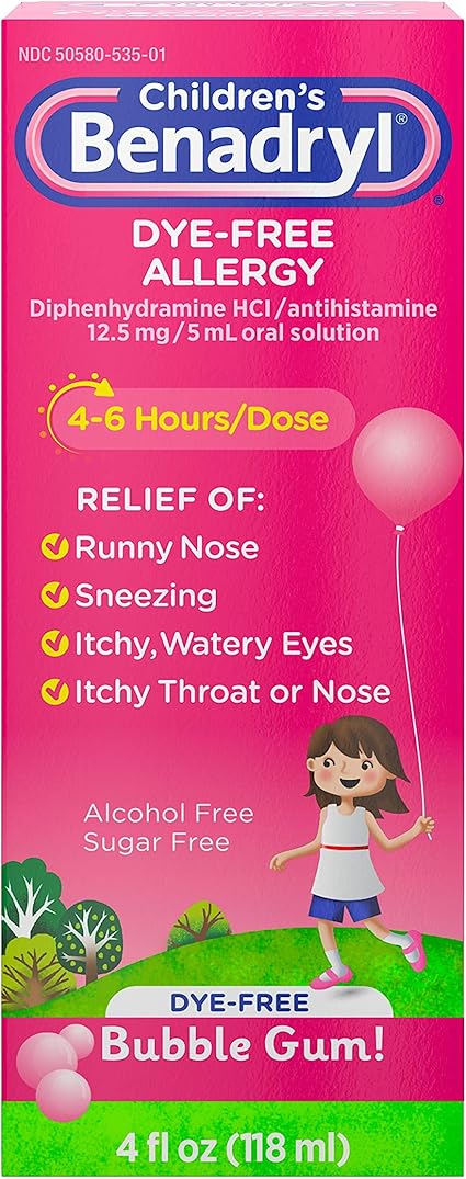 Amazon Com Children S Benadryl Dye Free Allergy Liquid Diphenhydramine Hcl Bubble Gum 4 Fl Oz Health Personal Care