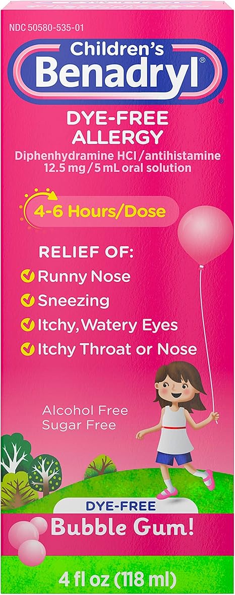 Amazon Com Children S Benadryl Dye Free Allergy Liquid Diphenhydramine Hcl Bubble Gum 4 Fl Oz Health Personal Care