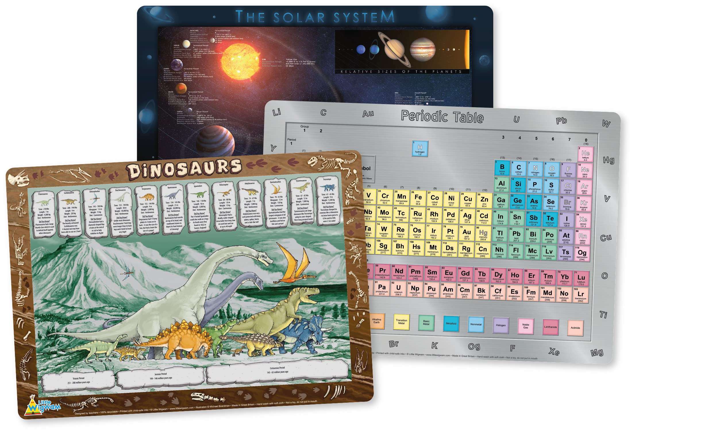 Little Wigwam Science Placemat Pack - Set of 3 Educational Placemats - Dinosaurs, Periodic Table, The Solar System