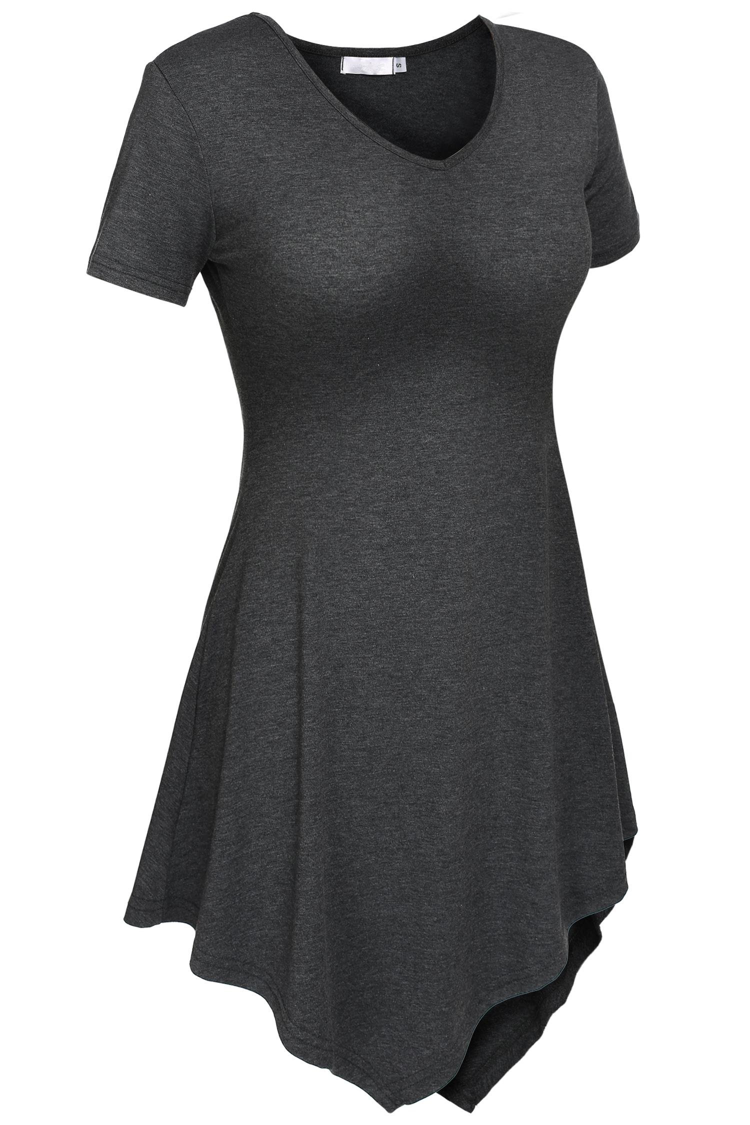 ELESOL Women\'s V Neck Short Sleeve Handkerchief Hem Lightweight Flare Tunic Top Dark Gray M