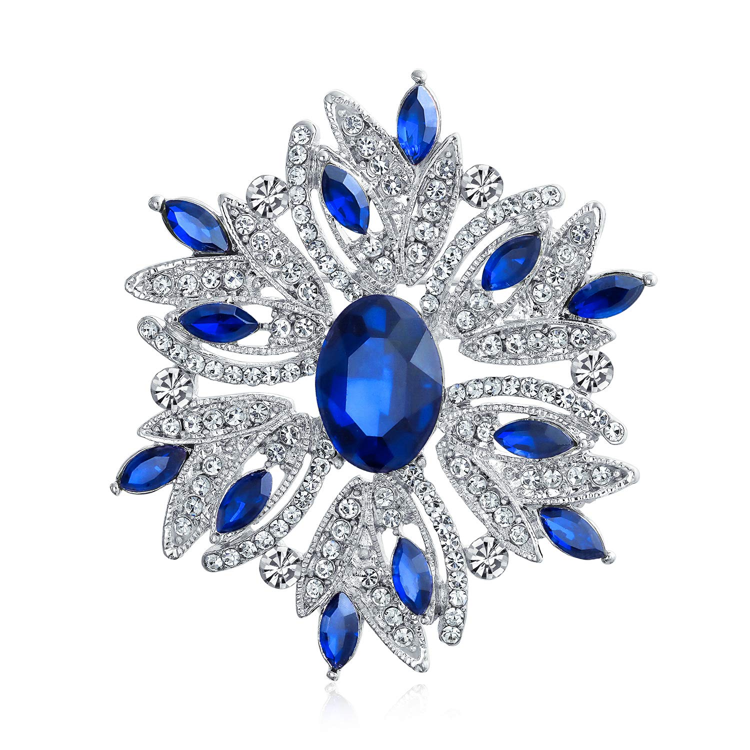 Large Statement Vintage Style Crystal Flower Simulated Blue Sapphire Crystal Brooch Pin For Women For Mother Silver Plated