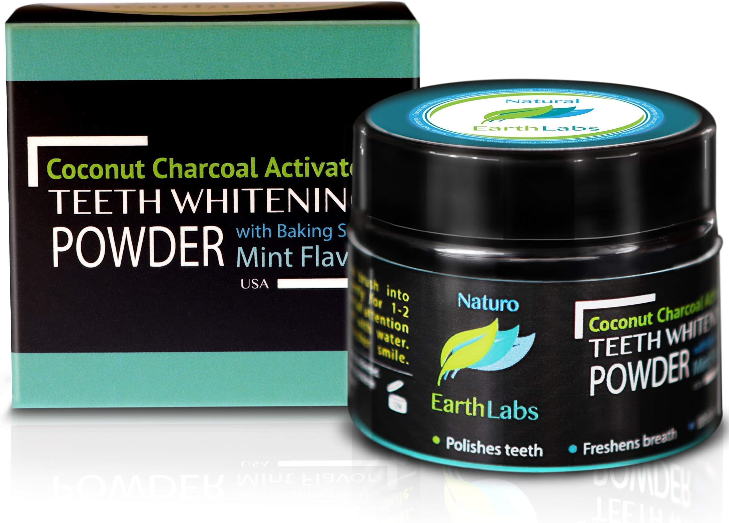 Naturo Earthlabs (Improved Formula, 2019) Activated Charcoal with Baking Soda Teeth Whitening Powder - Made in USA - By Naturo Earthlabs - All Natural and Organic Ingredients to Whiten Teeth