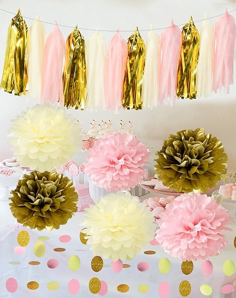 Furuix 20 Pezzi Di Fiori Pompon Di Carta Velina Rosa Crema Oro Fiori Con Ghirlanda Di Nappa Cerchi Con Ghirlande Decorazione Per Feste Baby