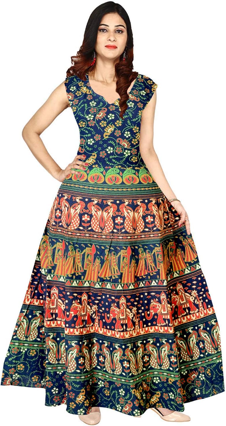 Silver Organisation Indian 100% Cotton Vintage Block Print Long Mandala Dress for Women