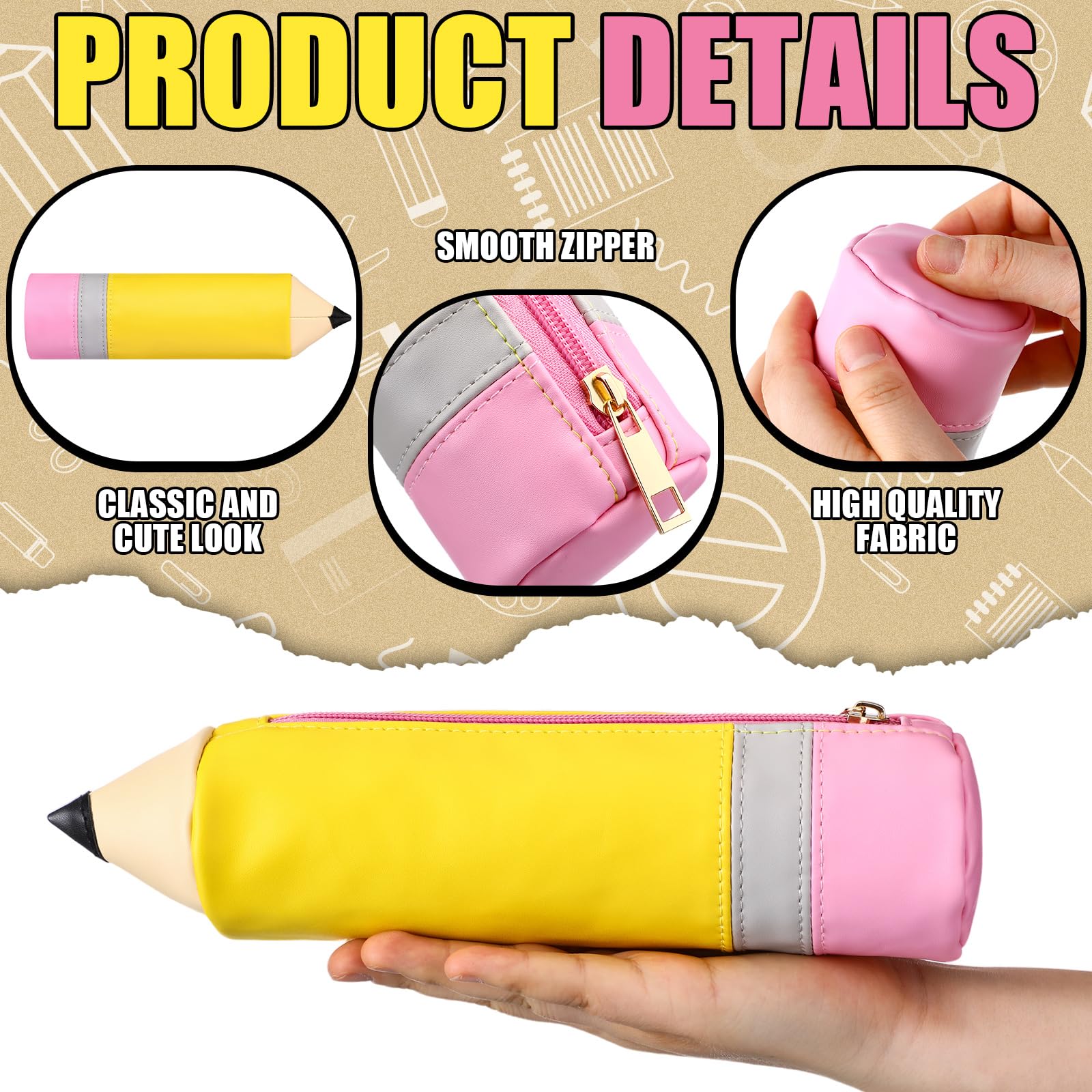 Kisston 1 Pcs Pencil Shaped Case, Leather Teacher Pencil Pouch, Cute 3D Dimensional Pen Holder with Zipper, Funny Large Capacity Pen Bag for Teacher Gifts (Classic)