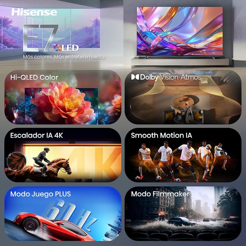 50E7S - Hi-QLED Smart TV 50 Pulgadas, Hi-QLED Color, Dolby Vision.Atmos, Escalador IA 4K, Smooth Motion IA, Modo Juego Plus, Dolby Vision IQ, HDR10+Adaptive