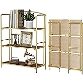 Crofy No Assembly Folding Bookshelf for Living Room, 3 Tier Gold Collapsible Book Shelf for Home Office, Portable Bookcase Storage Organizer