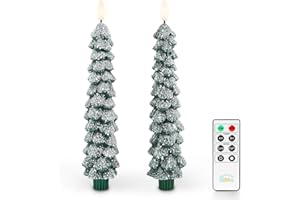Fanna Snow Covered Christmas Tree LED Candles, Flameless Taper Candles with Timer for Winter Decor, Battery Operated Candle with Remote - H 9.8" - Set of 2