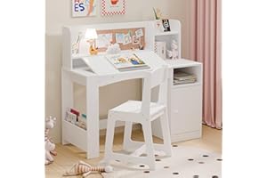XILINGOL Kids Study Desk with Chair and Tiltable Desktop, Kids Stud Des and Chair Set with Hutch&Storage Cabinet, Wooden Children Study Table for 5-12 Years Old, Student Writing Desk for Bedroom (White)