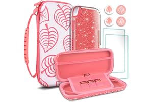 TIKOdirect Carrying Case for Nintendo Switch lite, Shockproof Portable Travel Bag with Glitter Galaxy cover, Screen Protectors and Cute Leaf Thumb Grips Caps, Animal Crossing Pink