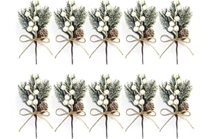 WDDH 10Pack Artificial Pine Picks, 6inch Flocked Holly Christmas Red Berry Picks Stems, Christmas Picks and Sprays Faux Pine Picks with Pinecones, for DIY Gift Floral Arrangements