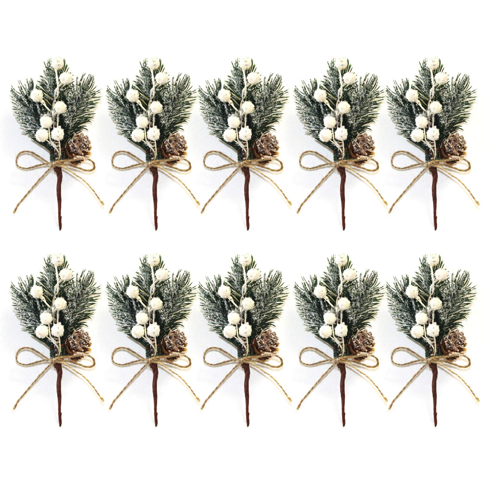 Redsa 10 Pack Pine Snowy Flower Picks Red and White Artificial Pine Cones with Berries Xmas Berry Stems for Christmas Crafts Party Festive Home Decor