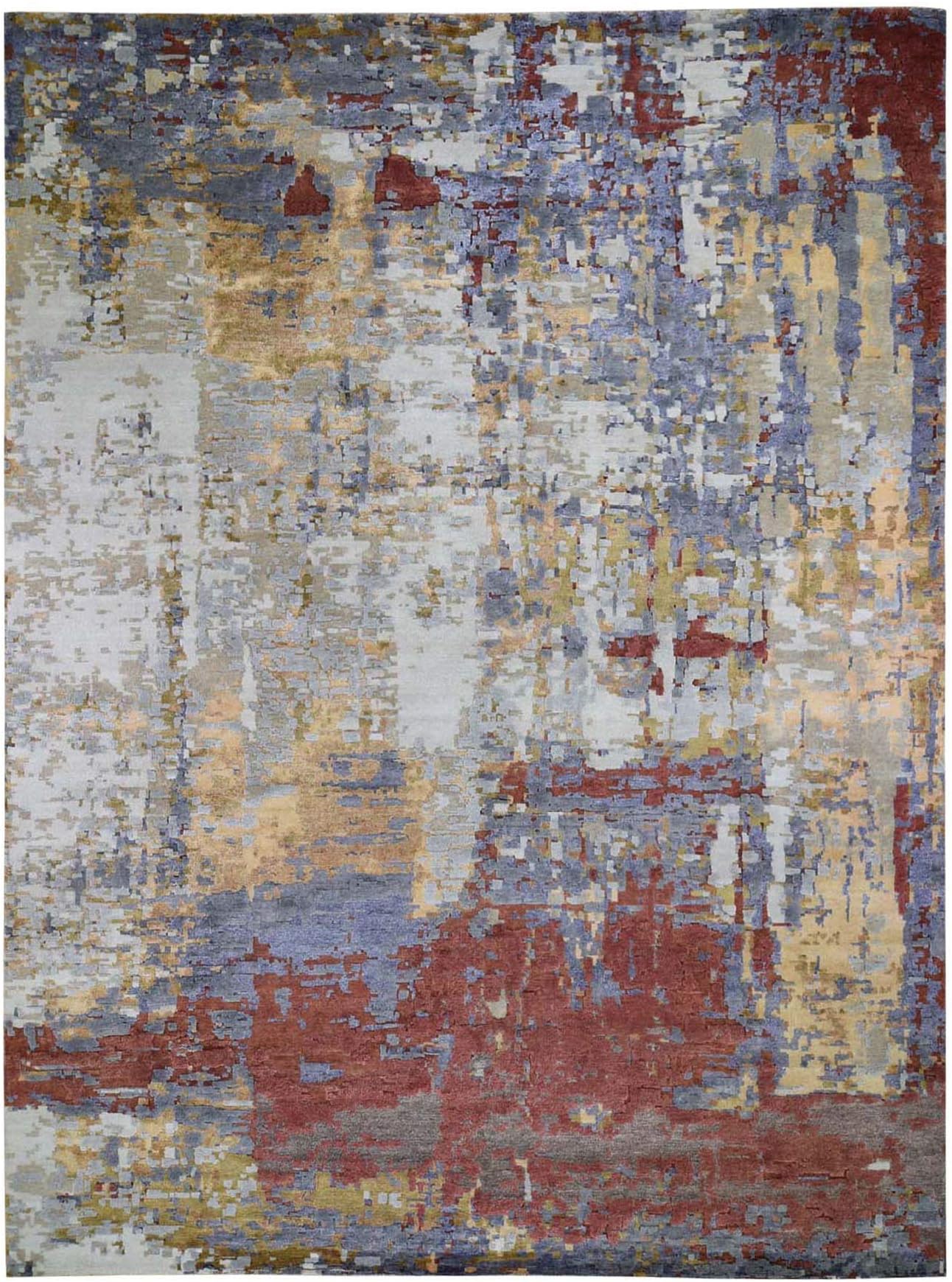 Shahbanu Rugs Oversized Wool and Silk Hi Lo Pile Abstract Design Hand Knotted Rug (12'0" x 14'9")