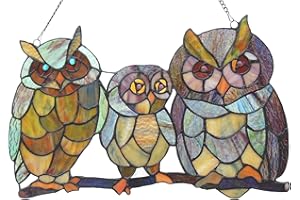 Chloe Lighting Ollie Tiffany-Glass Owls Family Window Panel 11X17